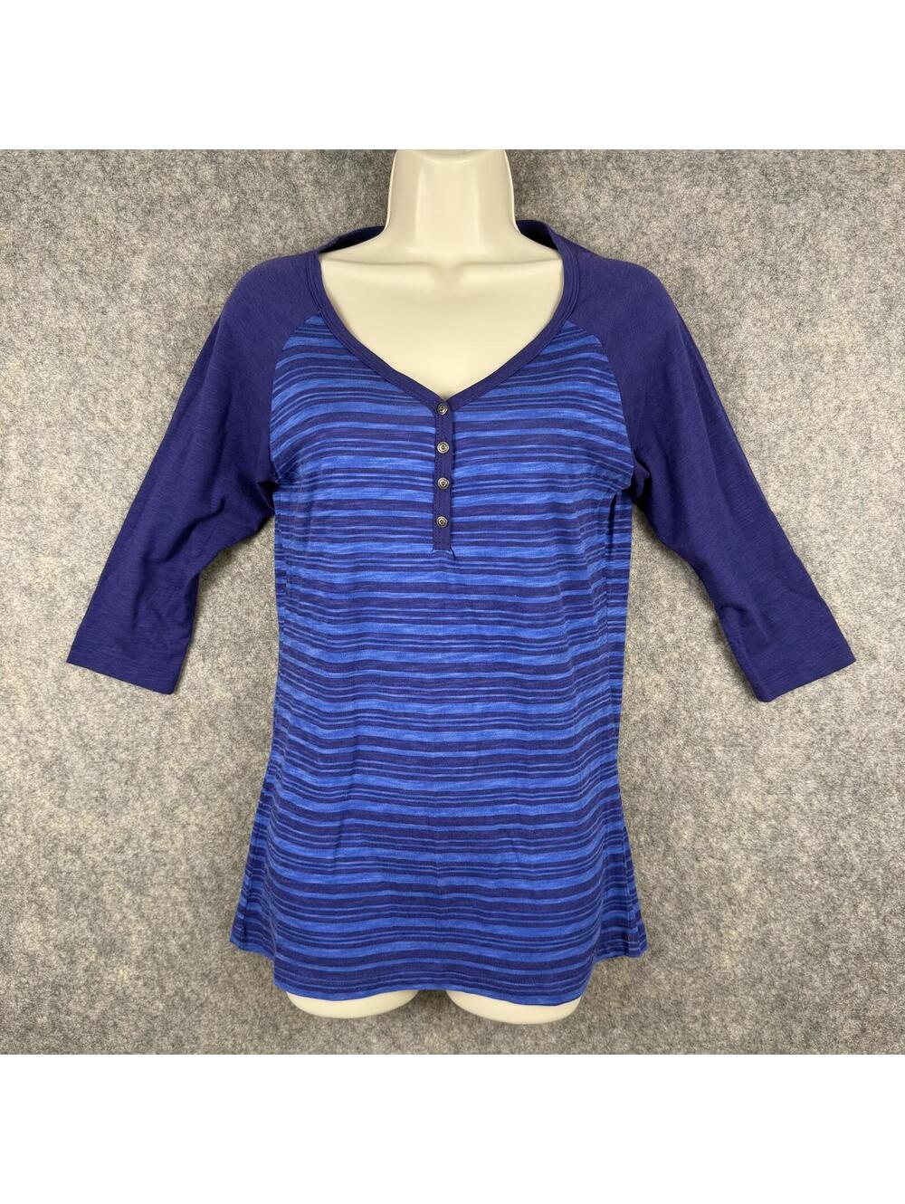Kuhl 3/4 Raglan Sleeve Henley Shirt Navy Blue Stripes Women Size Small 382